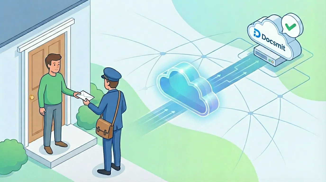 A postman delivers a letter to a man and the status is updating to Docsmit.