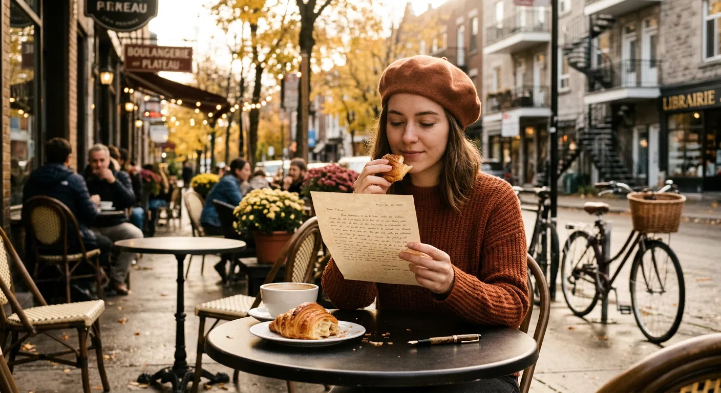 A young woman reads a letter while she eats a croissant in Montreal.